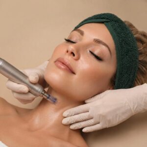 Frau während einer professionellen Microneedling-Behandlung am Hals